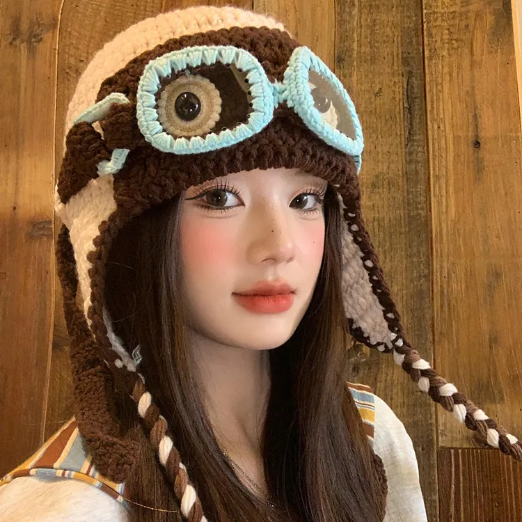 升级版～檀健次同款搞怪眼镜毛线帽女秋冬针织飞行帽保暖包头帽子