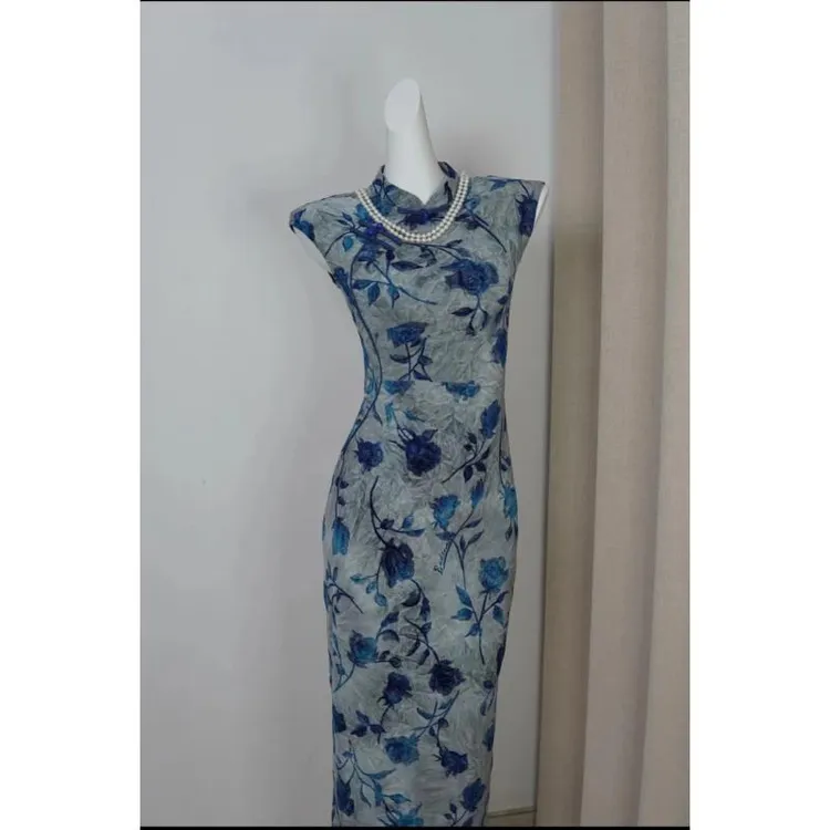 【青蓝冰水】夏季老上海优雅复古旗袍新款新中式高端气质国风植绒