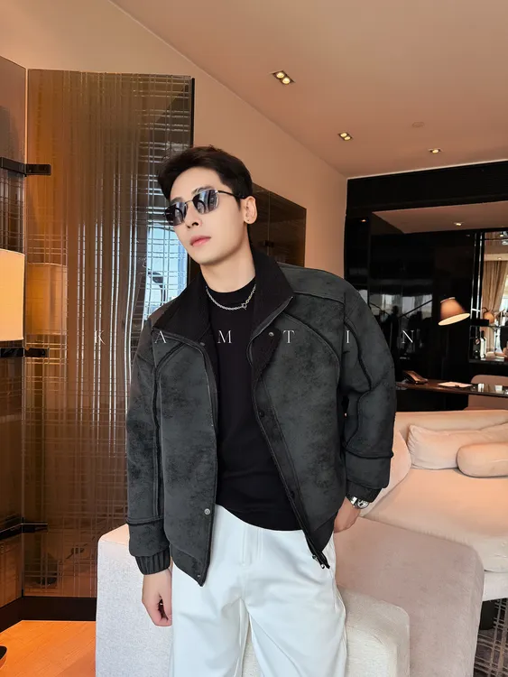 复古美拉德「厚实皮毛一体」冬季翻领保暖加厚男士机车宽松夹克外套