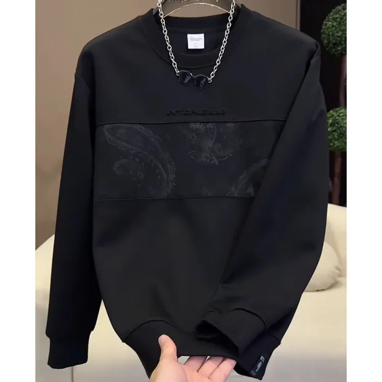 韩版休闲男装圆领卫衣腰果印花拼接时尚潮流男士卫衣秋季新款潮牌