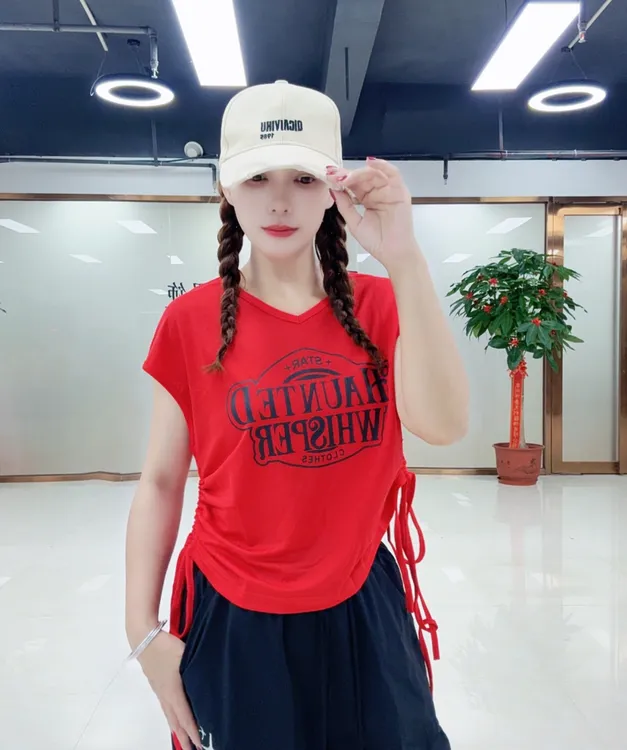 夏季曳舞新款休闲广场舞V领短袖抽绳可调节宽松时尚冰感舒适上衣