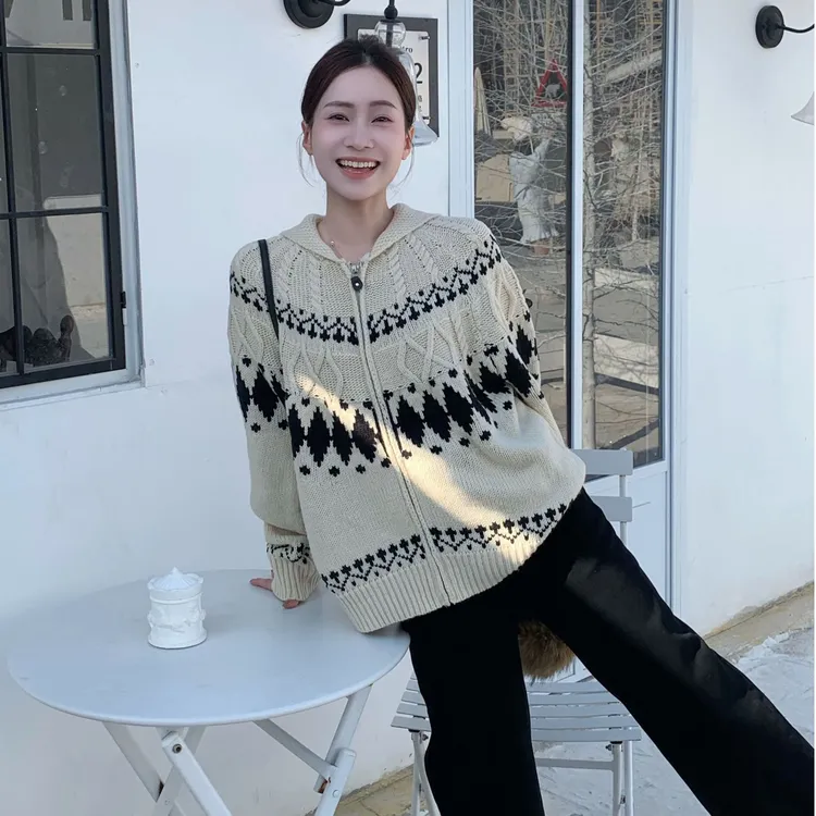 SUNCC现货 费尔岛雪景 氛围慵懒韩系高级气质显瘦百搭翻领毛衣
