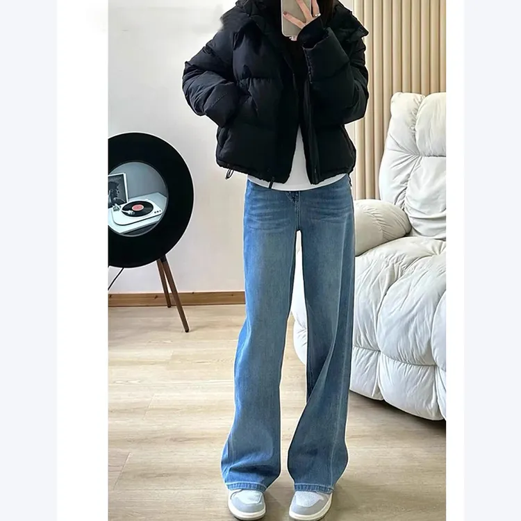 浅蓝色直筒窄版牛仔裤女2025秋季高腰垂感小个子宽松阔腿裤子