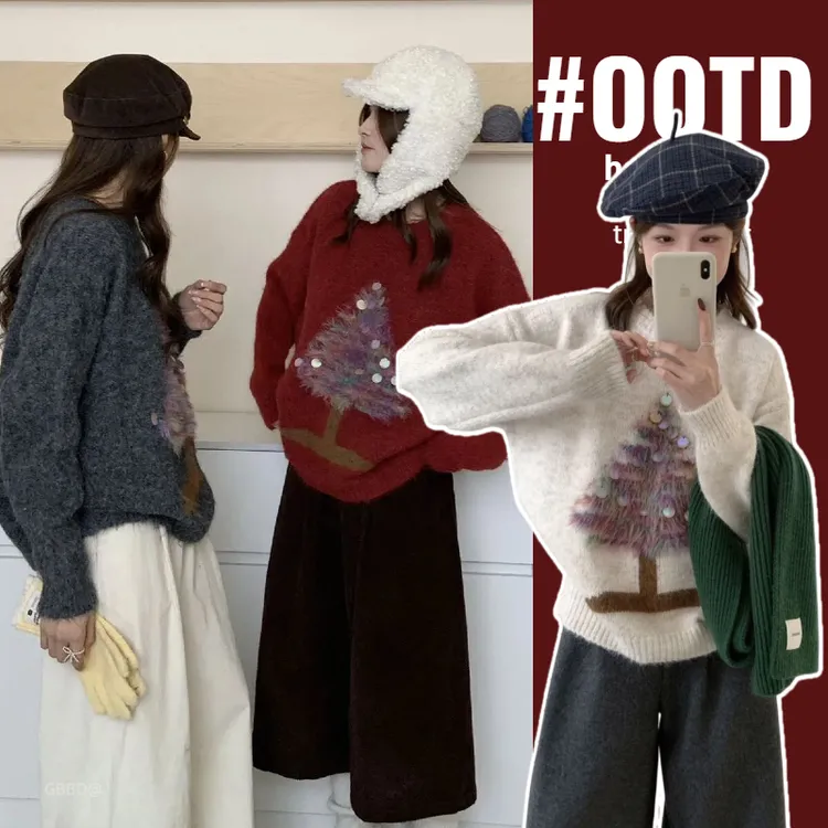 孕妇毛衣圣诞树提花圆领毛衣上衣冬季新款韩系宽松显瘦保暖针织衫