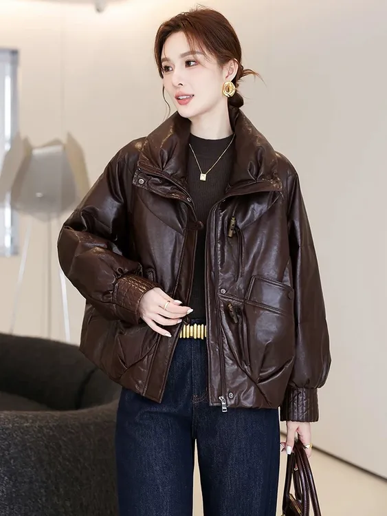 高级感油蜡真皮羽绒服皮衣时尚洋气宽松版海宁皮衣外套冬季新款