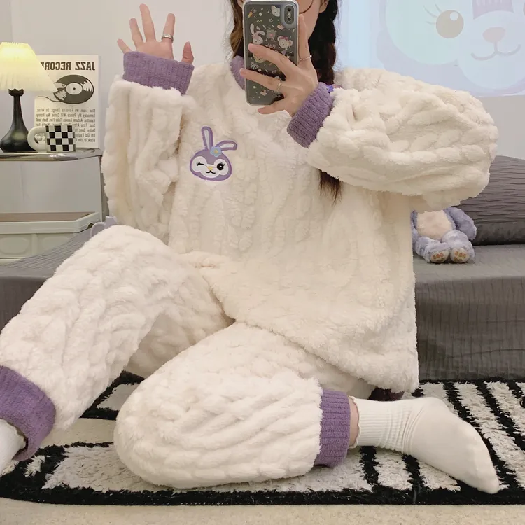 珊瑚绒女款睡衣冬季新款秋冬套头毛绒睡衣加厚甜美可外穿家居服