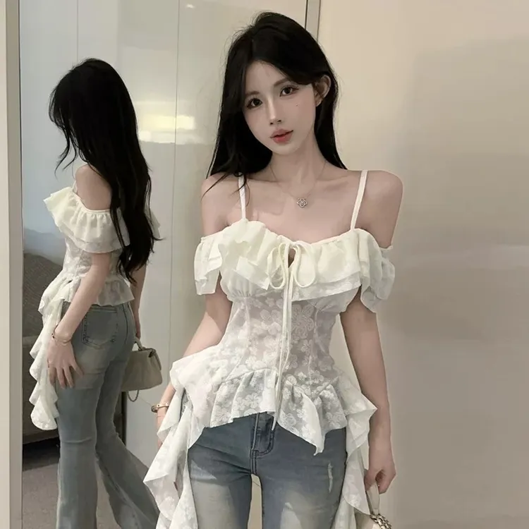 荷叶边蝴蝶结系带喇叭袖吊带背心女春季2025纯欲风修身显瘦打底衫