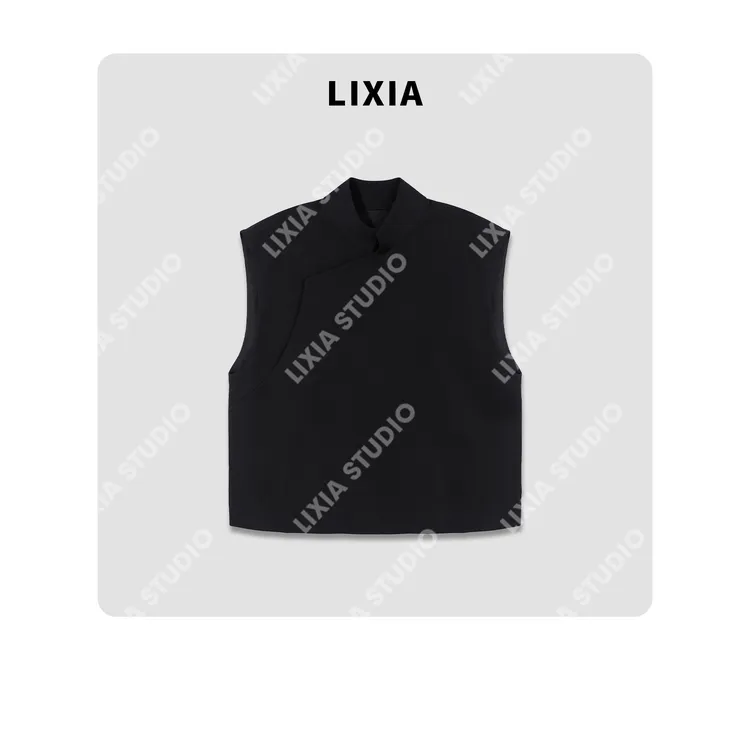 LIXIA【黑羽】国风个性不规则设计立领短款黑色马甲-D6876