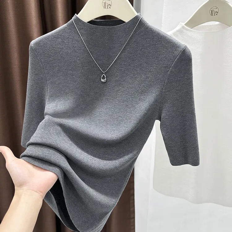 灰色小高领中袖针织打底衫内搭早秋修身T恤女高级感立领半袖上衣