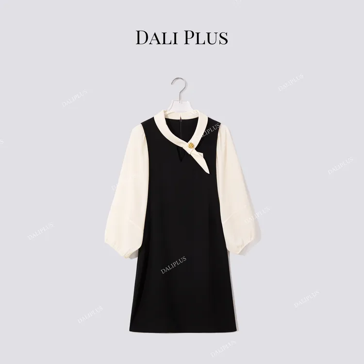 DALI PLUS“山茶花领巾撞色连衣裙”高克重显瘦醋酸裙-D5ST1240