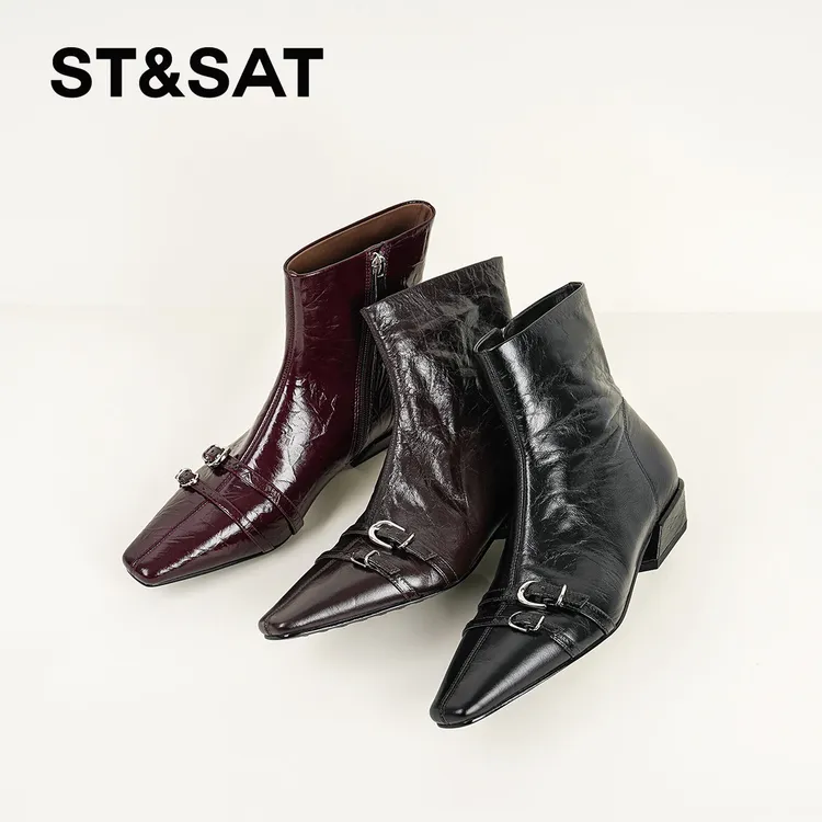 St&Sat/星期六低跟秋冬女鞋百搭街头风女靴时尚复古方头靴子