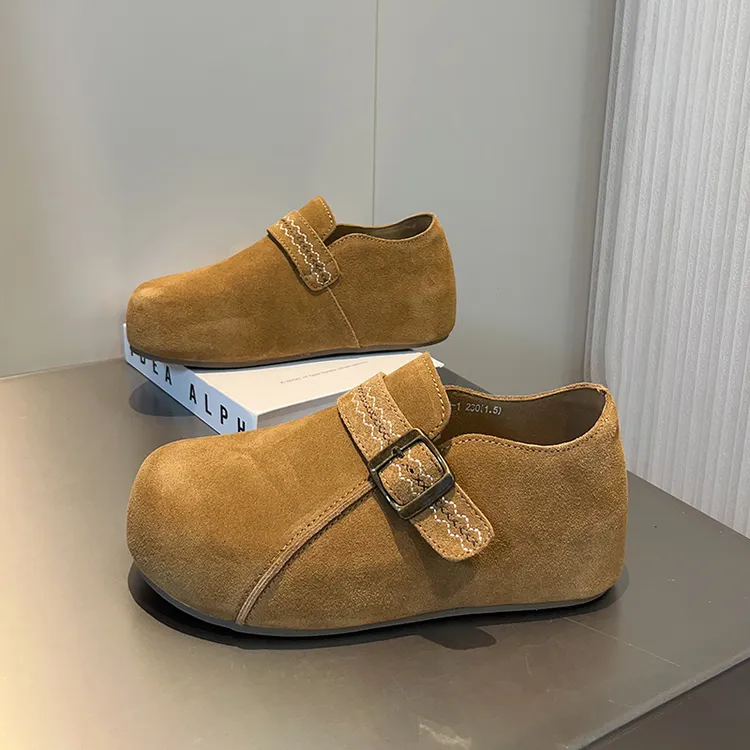 复古磨砂真皮厚底勃肯鞋女2025秋新款懒人一脚蹬内增高休闲乐福鞋