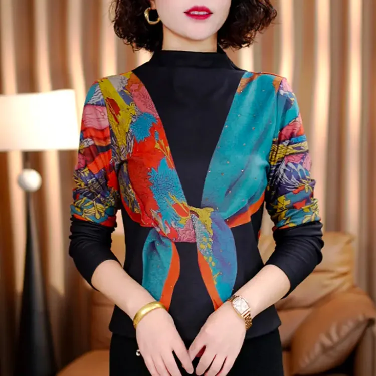 有货2025秋冬新款长袖t恤印花上衣时尚打底衫中老年妈妈气质内搭