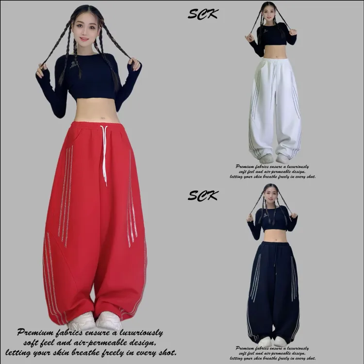 新丽服饰-曳舞闪钻休闲裤显瘦长裤微弹阔腿裤2596款