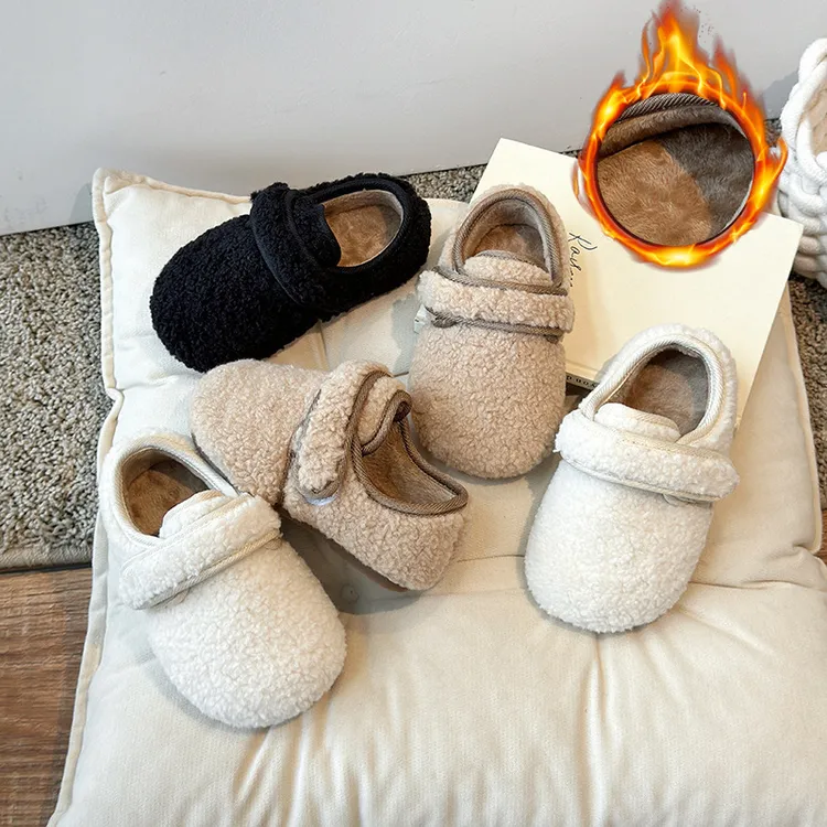韩版童鞋2025秋冬男童百搭魔术贴面包鞋软底休闲毛毛鞋女宝宝棉鞋