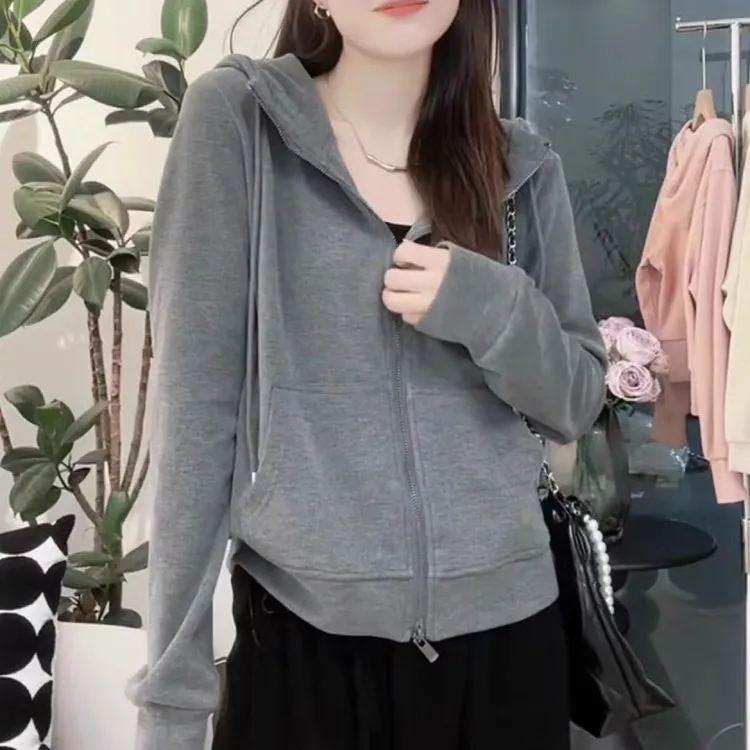 慵懒风连帽短款灰色开衫外套女早秋长袖卫衣时尚百搭上衣运动风