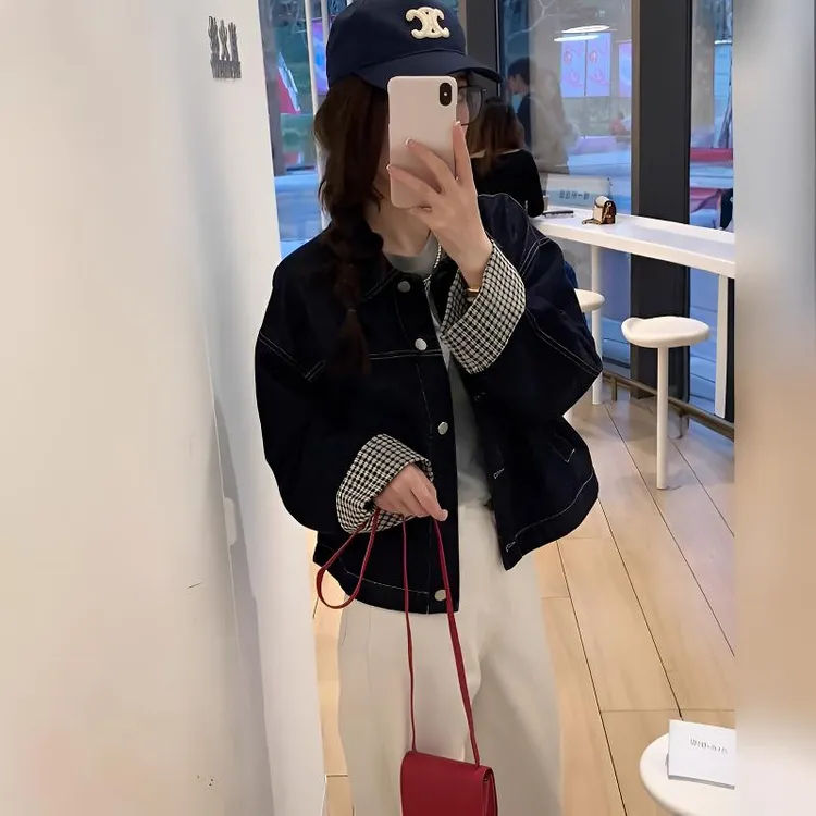 2025新款设计感拼接爆款时尚牛仔短外套女秋装高级感洋气宽松上衣