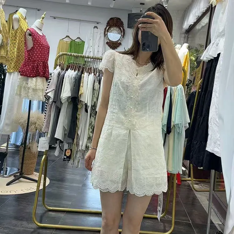 夏季新品蕾丝衫短款两件套轻薄清凉公主范减龄甜美少女风套装显瘦