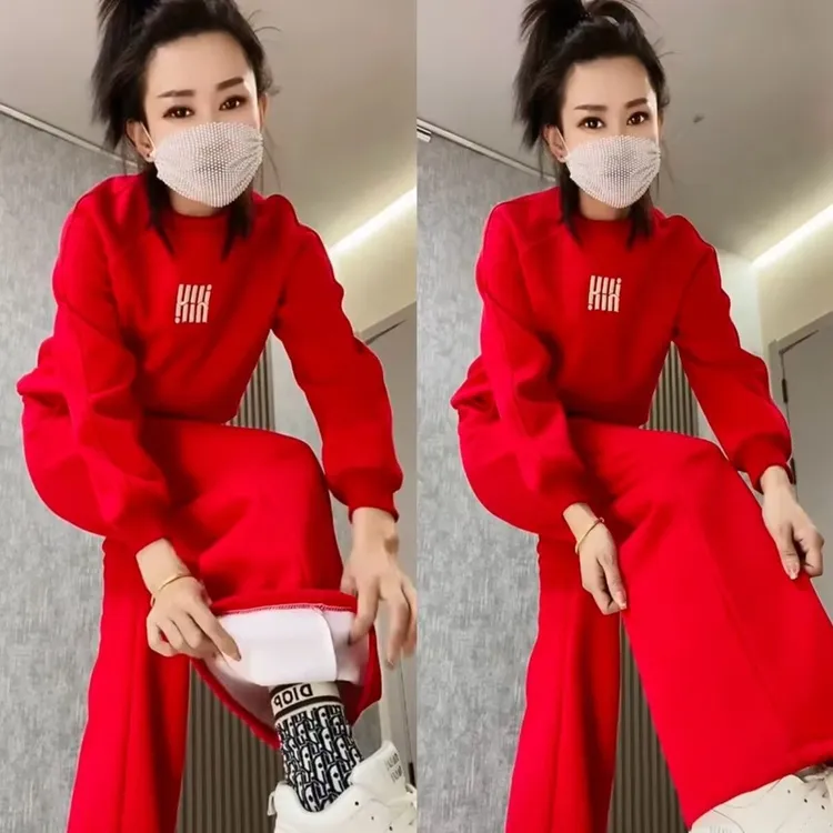 2025秋冬流行时尚潮牌洋气网红时尚加绒显瘦冬季新款红色运动套装