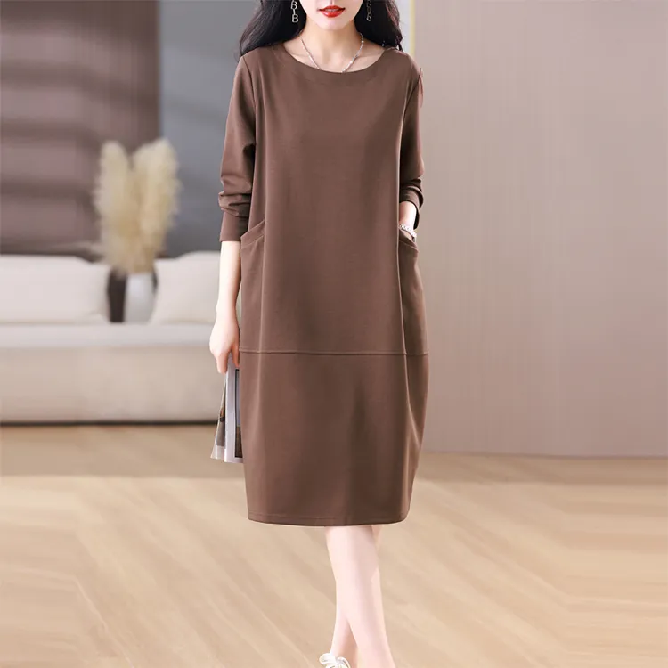 长袖卫衣裙子女春秋2025新款妈妈宽松遮肚休闲显瘦直筒中长连衣裙