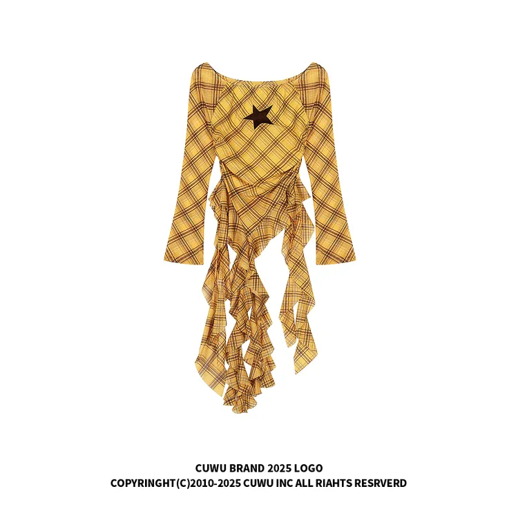 cuwu美式星星刺绣格纹一字肩长袖T恤女款秋季不规则飘带显瘦上衣