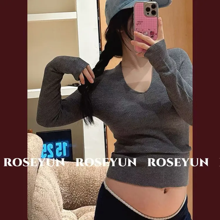 【Rose Yun】18针8支100%精纺扬子纱缝一体V领收腰针织上衣JY125126