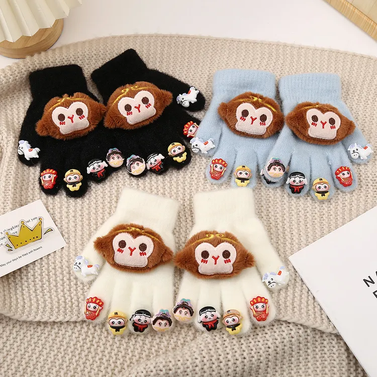 新款儿童冬季保暖手套男童幼童孙悟空卡通可爱加绒防风五指手套