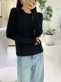 065-3592 纯色拼接针织长袖休闲风简约百搭针织衫T恤