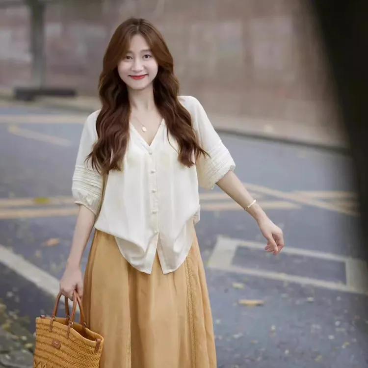 A362+A363夏季高级感洋气温柔风短袖上衣显瘦半身裙气质减龄套装