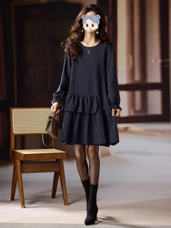 时尚波点圆领长袖荷叶边连衣裙女秋季新款裙子2025年大码欧货女装