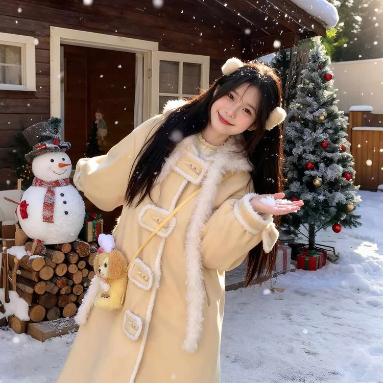 【冬日小奶包】秋冬毛绒加厚宽松学生奶黄色粉色保暖长款大衣外套