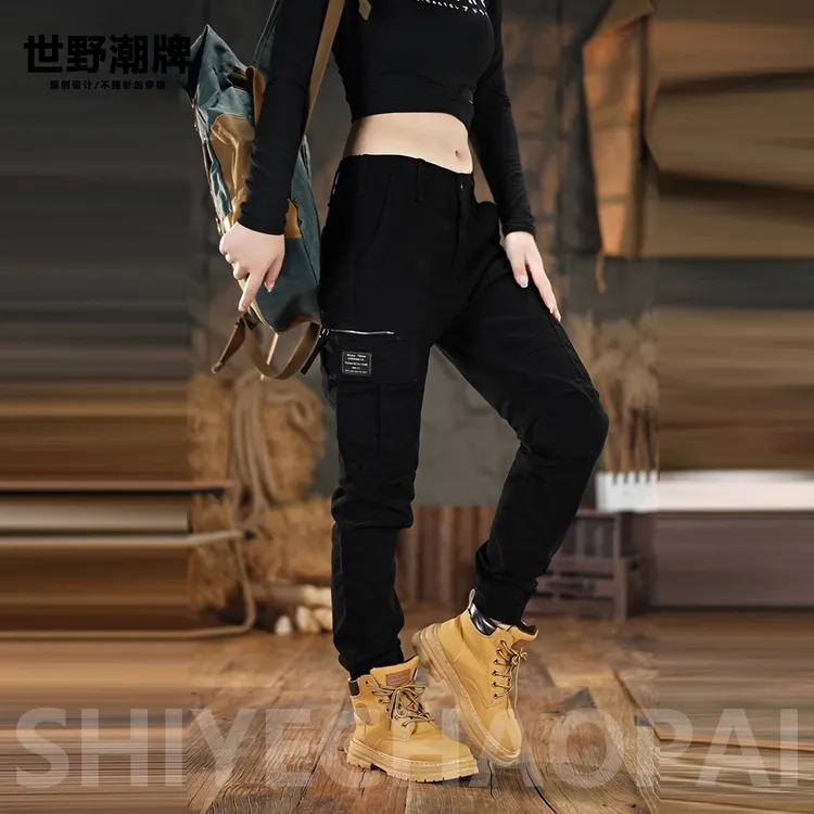 男女户外登山大码工装裤机车风弹力多口袋休闲束脚长裤