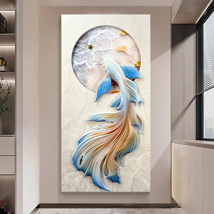 砂岩立体浮雕招财锦鲤入户玄关装饰画轻奢大气走廊过道客厅壁画