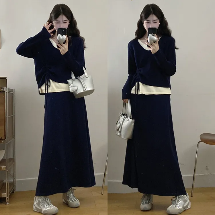 大码胖mm秋季新款洋气质减龄显瘦针织假两件上衣半身裙两件套装女