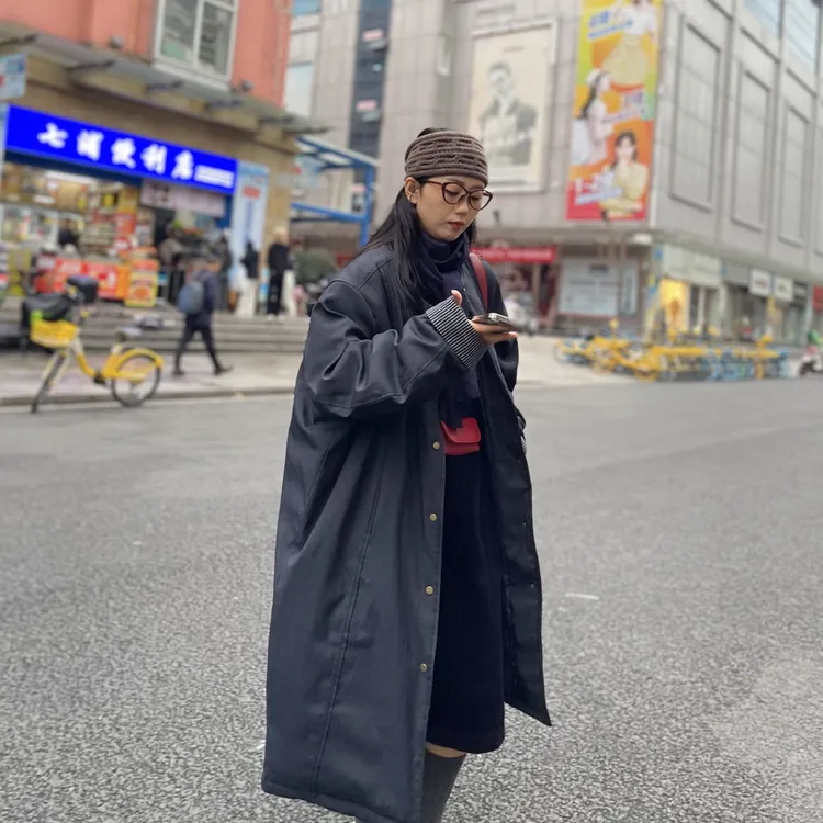 冬季复古百搭圆领排扣拼接条纹过膝长款保暖羽绒服外套设计师韩版