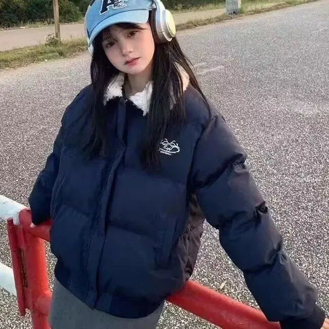 美式毛领棉衣女短款万圣节外套2025冬季新款宽松翻领加厚保暖棉服