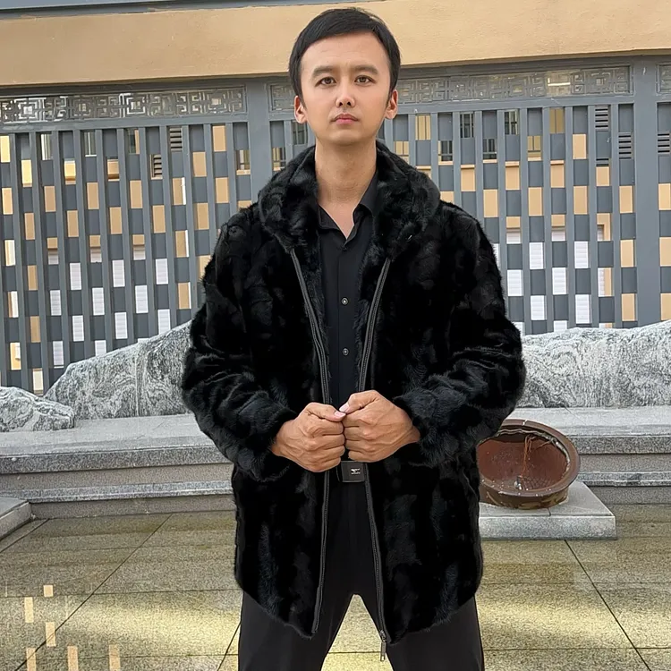 秋冬男士拼皮水貂毛大衣真皮真毛连帽短款天然皮毛一体外套保暖