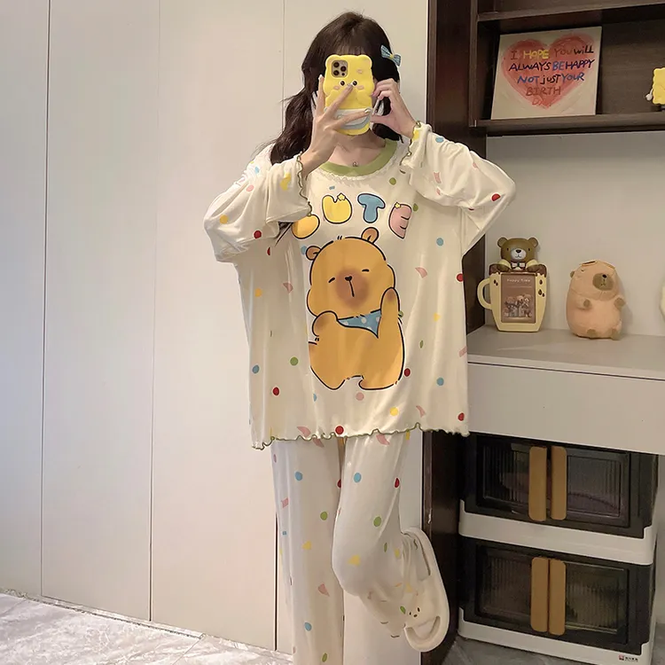 睡衣女长袖薄款莫代尔棉带胸垫甜美可爱卡通家居服春秋季宽松套装