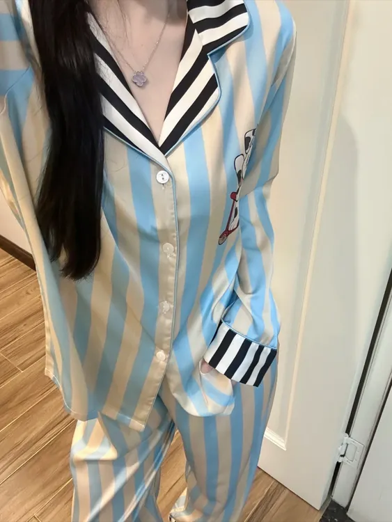 可爱斑点狗狗撞色条纹睡衣女套装春秋冰丝滑柔软少女家居服可外穿