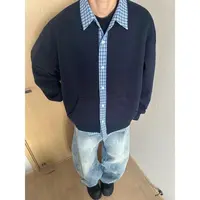 W182 美式格子拼接假两件开衫卫衣男春秋季cleanfit慵懒风情侣