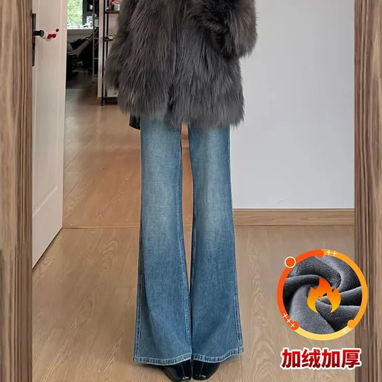 雪千羽复古加绒喇叭牛仔裤女2025冬季新款高腰宽松显瘦垂感马蹄裤