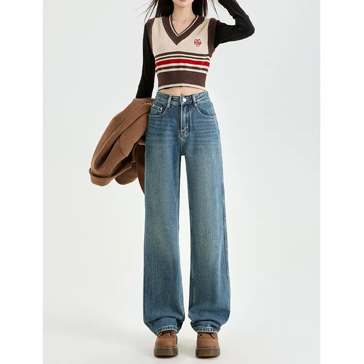 复古窄版直筒牛仔裤女2025秋季新款高腰显瘦小个子百搭阔腿拖地裤