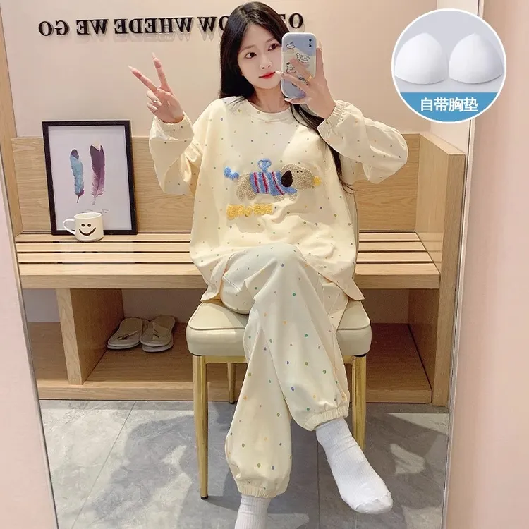 带胸垫睡衣女春秋款2025年新款长袖卡通可爱宽松可外穿家居服套装