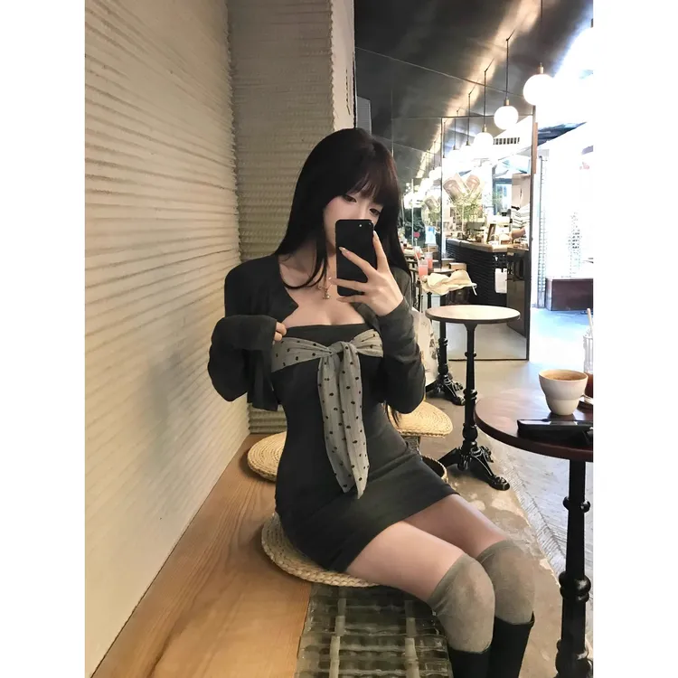 秋辣妹灰色开衫套装波点绑带抹胸包臀短连衣裙