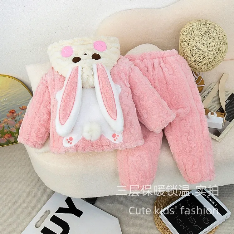 儿童睡衣三层夹棉冬季女孩中小童加绒加厚女童卡通宝宝家居服套装