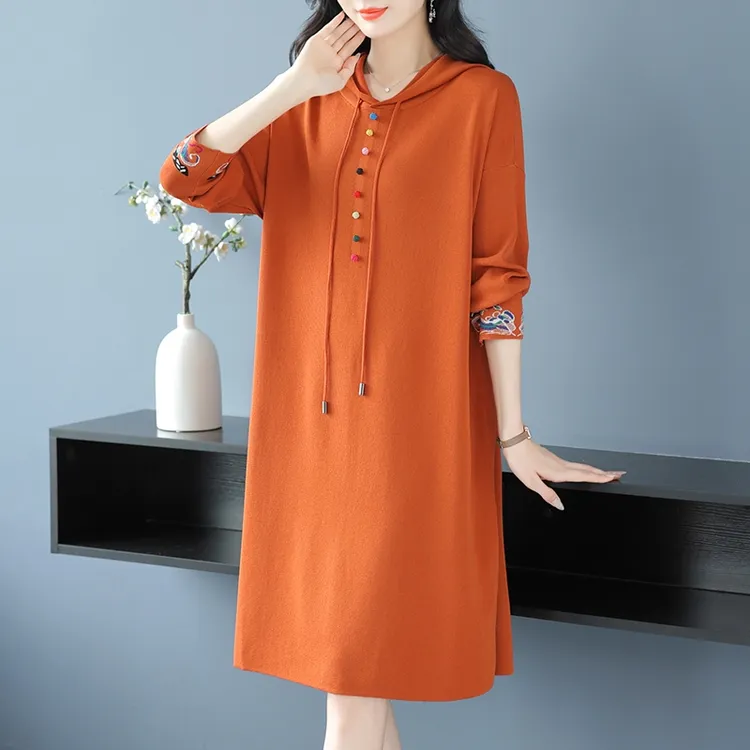 大码宽松中长款冰丝针织连衣裙女胖mm200斤遮肚子休闲连帽毛衣裙