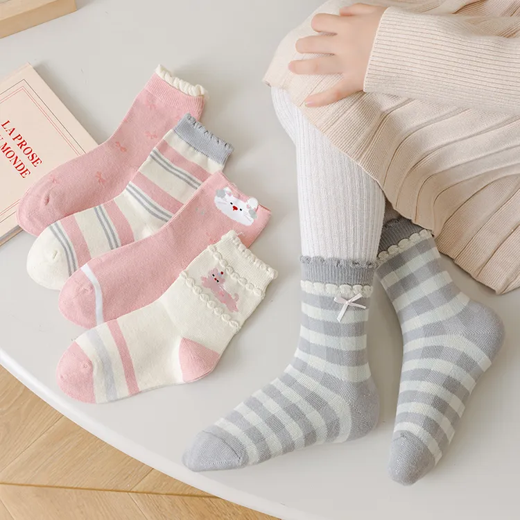 女童秋冬无骨a类棉中筒棉袜抗起球灰粉色系猫咪5双儿童秋天袜子