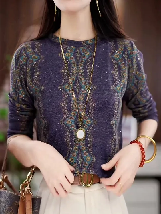 复古图案薄绒显瘦打底衫C气质民族风圆领长袖内搭上衣中年妈妈装