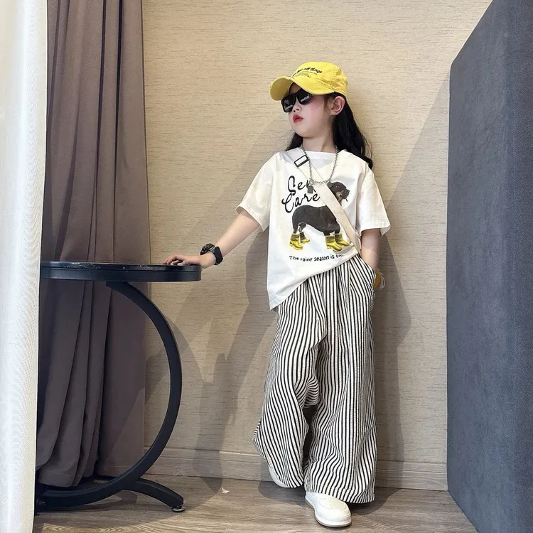 MUMUWU女童夏季两件套洋气卡通短袖T恤女孩竖条纹阔腿裤套装