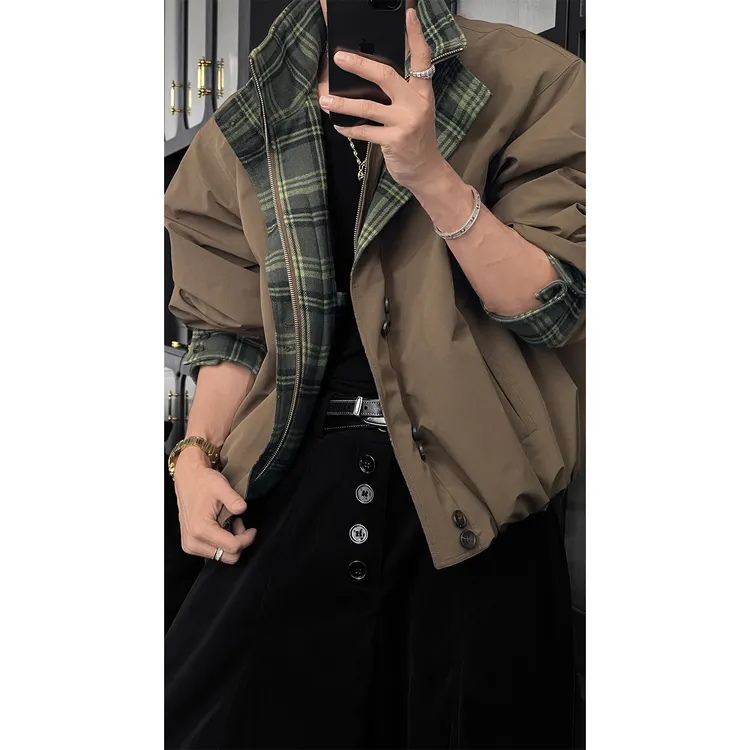 龙叨叨秋冬新品美式复古格纹拼接立领羽绒服男宽松百搭痞帅外套